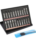 Pro Grade Stainless Steel Tattoo Tip Kit Set 22pc Assorted Round Diamond Magnum DT RT FT Tubes display with cleaning brushes