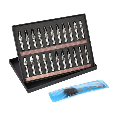 Pro Grade Stainless Steel Tattoo Tip Kit Set 22pc Assorted Round Diamond Magnum DT RT FT Tubes display with cleaning brushes