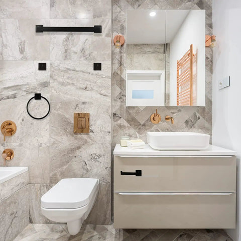 Modern bathroom with Matte Black 9 Piece Bathroom Hardware Set Must Have Includes 22 Inch And 16 Inch Towel Bars Toilet Paper Holder
