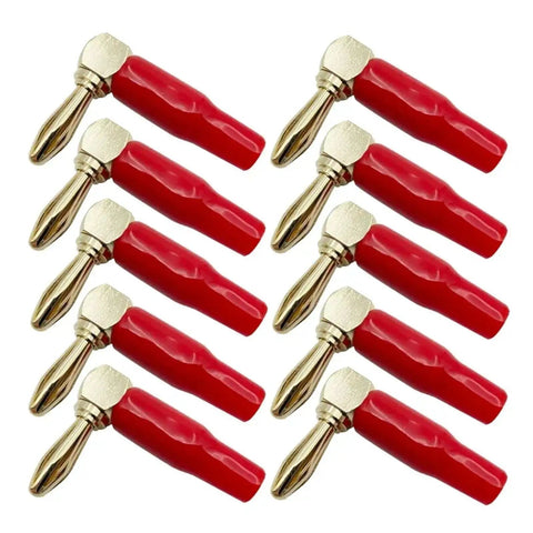 10 Pack 4mm Right Angle Banana Plugs Gold Plated Connectors With Soft Plastic Sheath For Wire Holes 90 Degree Bend Red Color