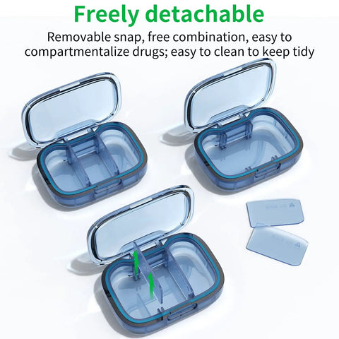 Two Pack Three Compartment Pill Box With Moisture Proof Case and detachable dividers shown open on white background.