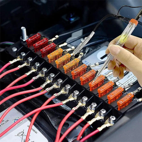 306Pcs Car Fuses Assortment Kit With Aluminum Sheet 2-35A M And S, Circuit Tester in use, color-coded fuses in auto panel
