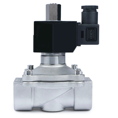 Front view of 1 Inch Stainless Steel Solenoid Valve 12V DC Normally Open with Viton Seal and Junction Box, industrial use, heavy duty.