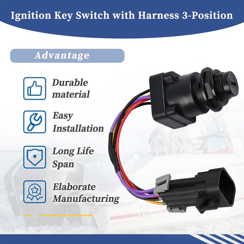 Ignition Key Switch With Harness For Mercury Marine Quicksilver Outboard Motors, 3-Position Replacement 8M0059686