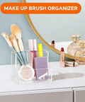 Clear Acrylic Desk Pen Holder With Three Independent Compartments, ideal for organizing makeup brushes on a vanity.