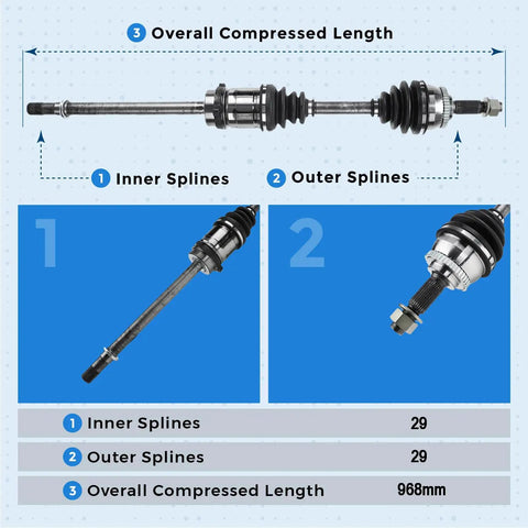 Front Right CV Axle For 2000 2001 2002 2003 Nissan Maxima, Also Fits Infiniti I30 I35 With Automatic Transmission, 968mm length, 29 inner and 29 outer splines