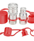 Two 3/8'' NPT flat-face hydraulic quick-connect couplers with red protective caps and lanyard, chrome metal bodies