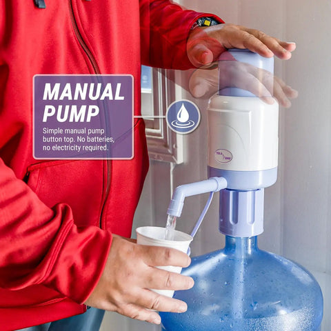 Person using No More Heavy Lifting Manual Water Pump for 5 Gallon Bottles, Hand Pressure Dispenser Fits Most 2 to 6 Gallon Jugs