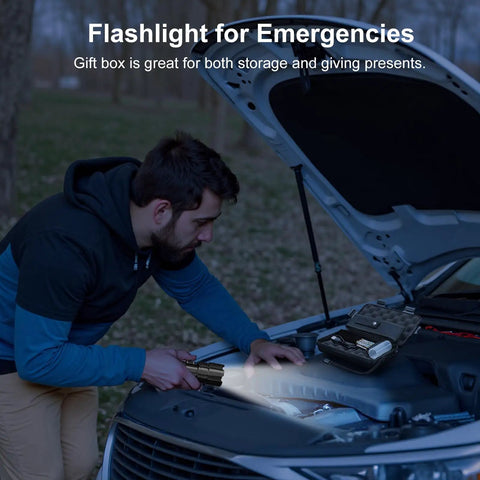 Man using Beast Bright 10000 Lumen Flashlight Rechargeable 30W USB-C Handheld LED Light for car repair at night outdoors