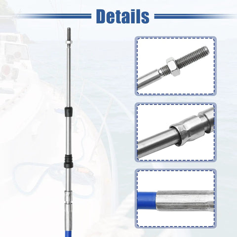 Beefy Six Feet Marine Throttle And Shift Remote Control Box Cable For Outboard Engine Boat Steering System Blue Stainless Steel M5 Thread One Point Eight Meter Long Replacement with details view of cable ends and thread.