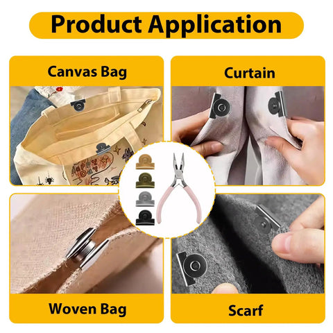 24 Pairs Magnetic Snaps For Purses And Totes, Seamless Closures For Bags, Clothing, Sewing And Craft Projects In Gold Silver Gunmetal Copper application on canvas bags, curtains, woven bags, and scarves, includes tweezers