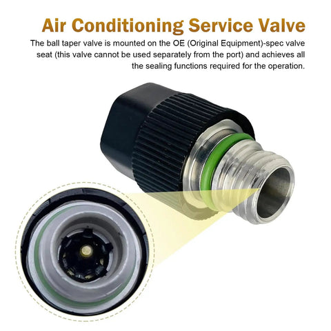 Close-up of black air conditioning service valve from 16 Piece Air Conditioning Valve Core Kit With Service Valves, Pressure Caps And Charging Port For R134A Ducts, Universal Fit For Your Ride, Cars, Trucks And SUVs, Heavy Duty ABS Metal Construction, Black.
