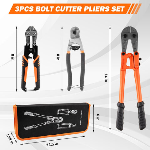 3 Piece Bolt Cutter Pliers Set With 14 Inch Heavy Duty Bolt Cutter, 8 Inch Mini Cutter And 8 Inch Wire Rope Cutter In Storage Bag