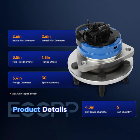 Front Wheel Hub Bearing Assembly 5 Lug With ABS Direct Fit OE Quality, GM Chevy Malibu, detailed specs view