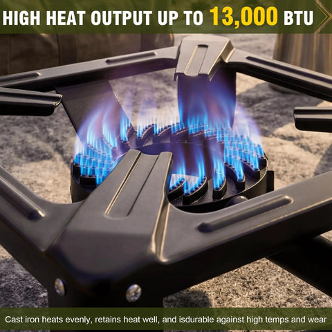 Heavy Duty Cast Iron Propane Burner With Adjustable Regulator Hose for outdoor camping showing high heat flame and base