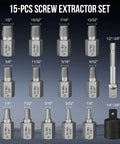 15-Piece Heavy Duty Cr Mo Steel Screw Extractor Set Featuring Hex And Socket Adapters with various sizes for stubborn fasteners.