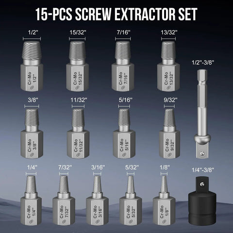 15-Piece Heavy Duty Cr Mo Steel Screw Extractor Set Featuring Hex And Socket Adapters with various sizes for stubborn fasteners.