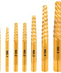 7-piece Damaged Screw Extractor Set, 7 Piece Easy Out Bolt Extractor Kit with numbered CR-MO steel extractors, sizes 1#-5# in gold color.