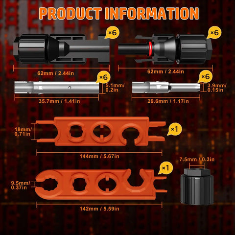 All-In-One Solar Crimp Tool Kit With AWG 16-10 Crimper, IP68 Panel Connectors, and spanner wrench dimensions diagram
