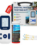 Digital Pool And Spa Water Test Kit Featuring 7 In 1 Chemistry Analysis displays tester, strip bottle, and 150 test strips.