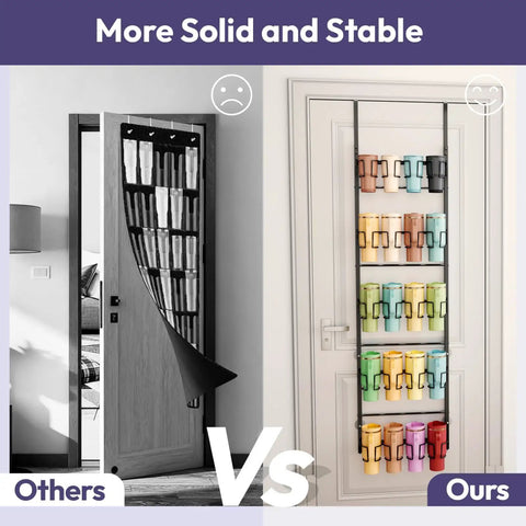 Comparison of 5 Tier Water Bottle Organizer Over The Door Cup Holder For Bulky Stanley Tumblers And Large Jugs, black vs colorful.
