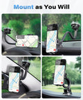 Heavy Duty Universal Car Truck Phone Mount With Rock Solid 14 Inch Gooseneck Long Arm And No Fuss Quick Release Button For Top Shelf One Hand Operation Plus Straight Shot Line Of Sight View on vehicle dashboard, showing flexible positioning options.