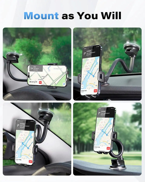 Heavy Duty Universal Car Truck Phone Mount With Rock Solid 14 Inch Gooseneck Long Arm And No Fuss Quick Release Button For Top Shelf One Hand Operation Plus Straight Shot Line Of Sight View on vehicle dashboard, showing flexible positioning options.