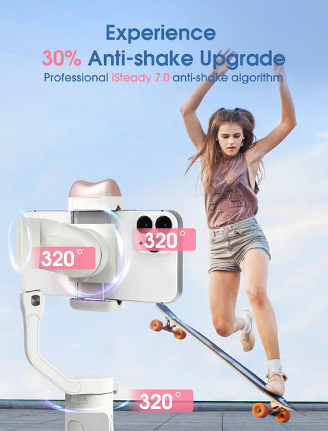 Skateboarder jumping with 3-Axis Smartphone Gimbal Stabilizer With AI Tracking And Fill Light, Portable Foldable Phone Stabilizer visible