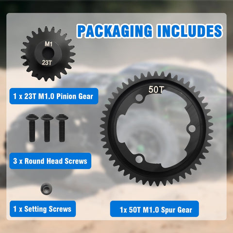 Beefed Up 50T M1.0 Hardened Steel Main Spur Gear With 23T Pinion For Traxxas RC Cars Upgrade Kit components displayed
