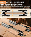 Heavy Duty Four Way Pressure Panel Clamps Deliver Boss Level Grip For No Sweat Setup On Any Woodworking Project Keeping Tabletop Seam Gluing Hella Secure Always 2 Pack, demonstrating four direction pressure application.