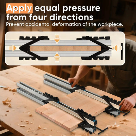 Heavy Duty Four Way Pressure Panel Clamps Deliver Boss Level Grip For No Sweat Setup On Any Woodworking Project Keeping Tabletop Seam Gluing Hella Secure Always 2 Pack, demonstrating four direction pressure application.