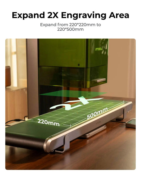 Auto Streamline Conveyor For F2 Ultra And F1 Ultra To Speed Up Large Runs, showing expanded engraving area dimensions.