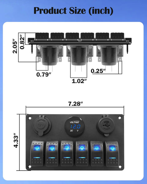 Marine 6 Gang Rocker Switch Panel Waterproof Aluminum Mount With Blue LED Switches 3.1A Dual USB Outlet size chart