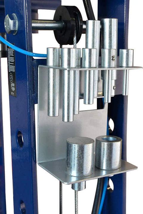 Supercharged Steel H Frame Pneumatic Air Hydraulic Garage Shop Press tool with metal cylinders for custom shaping.