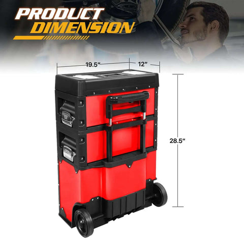 Heavy Duty Rolling Tool Chest With Three Tier Stackable Design On Wheels For Tools And Small Parts, Modular Drawer System And Mobile Garage Organizer, Durable Steel Box For Shop Or Garage, Black Red Finish, shown from the side with dimensions.
