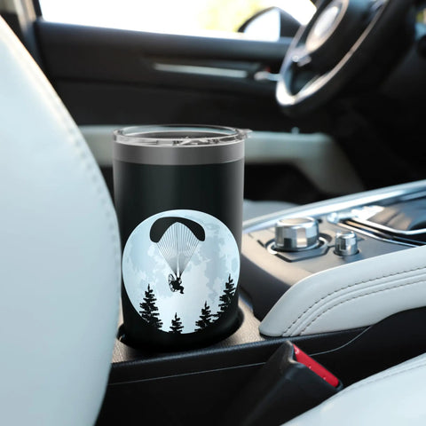 Black Powered Paragliding Inspired Stainless Steel Insulated Tumbler on car console with paramotor design