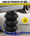 Beefy Triple Bag Air Jack 3 Ton Lift for Cars lifting vehicle up to fifteen inches, blue heavy-duty air bag jack in action