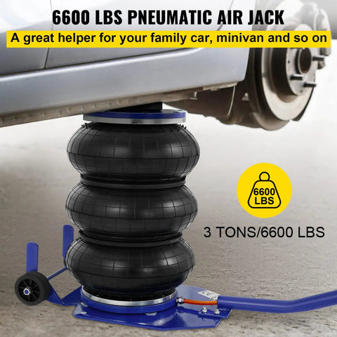 Beefy Triple Bag Air Jack 3 Ton Lift for Cars lifting vehicle up to fifteen inches, blue heavy-duty air bag jack in action