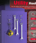 8 Drawer Rolling Tool Chest With Wheels Locking Detachable Cabinet Heavy Duty Steel Tool Cart With Liner And Hooks For Garage Workshop Warehouse Purple utility hooks with adjustable pegboard hooks holding wrench, tape measure, and tongs