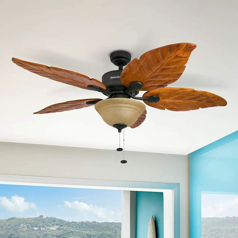 Sabal Palm 52 Inch Tropical LED Ceiling Fan with Light for Living Areas, pull chain, hand-carved wood blades in bronze finish.