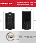 SmartCode 270 Keyless Entry Door Lock with Touchpad, matte black finish, showing dimensions and adjustable latch.
