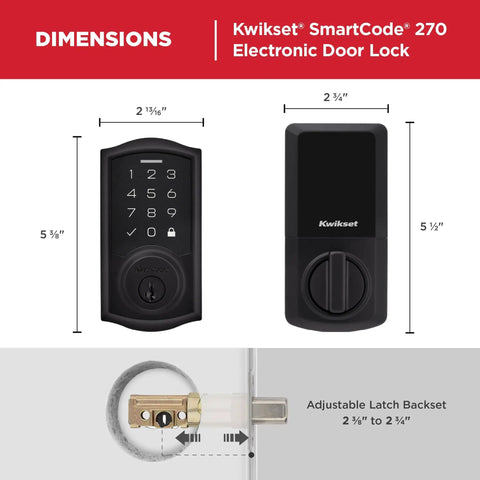 SmartCode 270 Keyless Entry Door Lock with Touchpad, matte black finish, showing dimensions and adjustable latch.