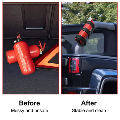 Comparison of a Jeep fire extinguisher before and after using a Jeep Fire Extinguisher Mount Holder With Roll Bar Strap Non Slip Carrier For Wrangler Third Party Accessory CJ YJ TJ LJ JK JKU JL JLU Made From Durable Oxford Cloth And Nylon Straps Keeps Extinguisher Secure, on a roll bar.