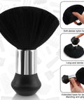 Front view of NICEMOVIC barber brush with black dense nylon bristles, silver ferrule, and rounded handle