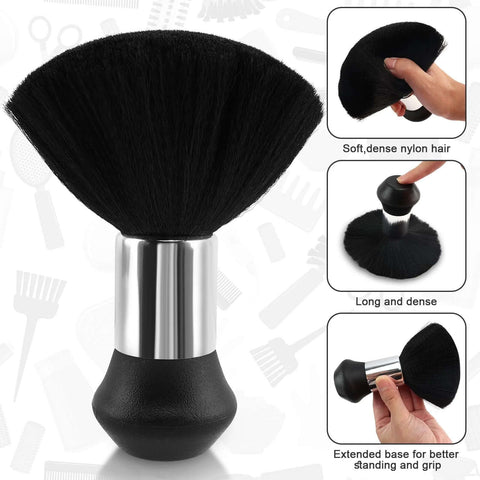 Front view of NICEMOVIC barber brush with black dense nylon bristles, silver ferrule, and rounded handle
