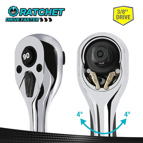 Three Eighths Inch Drive Ratchet With Ninety Tooth Quick Release Reversible Chrome Alloy Finish