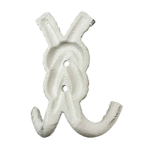 Top Shelf Nautical Rope Knot Wall Hooks Set Of Three Tough Cast Iron Antique White Finish wall hook with textured knot design.