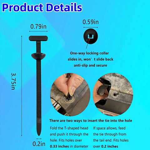 Diagram showing dimensions and details of Heavy Duty Universal Nylon Cable Ties With Pin And Button Lock for car repair use