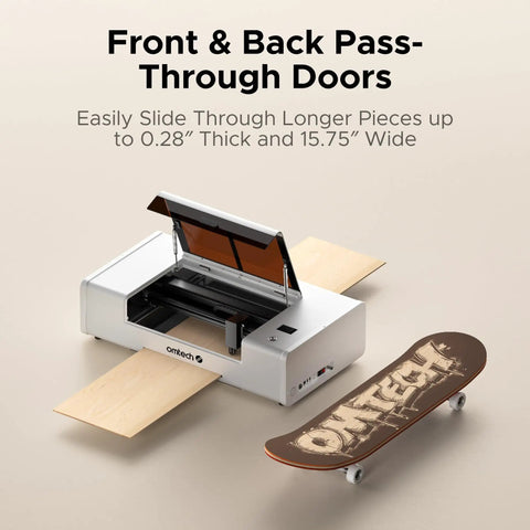 55W Desktop CO2 Laser Engraver For Wood Acrylic Leather Cutting And Etching With Quick Auto Focus And Blazing Speed showing front and back pass-through doors with a skateboard.
