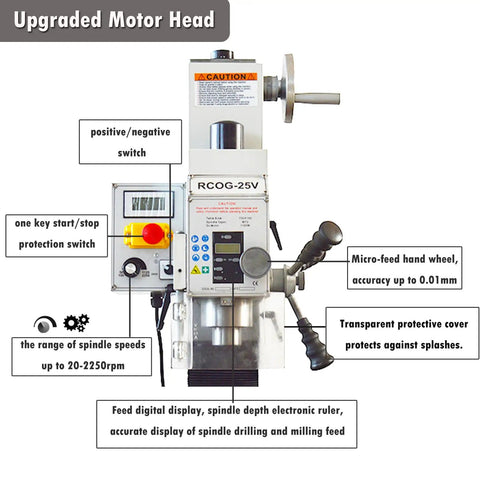 Upgraded motor head of Shop Ready Mini Milling And Drilling Machine With R8 Spindle Taper and wide benchtop table.